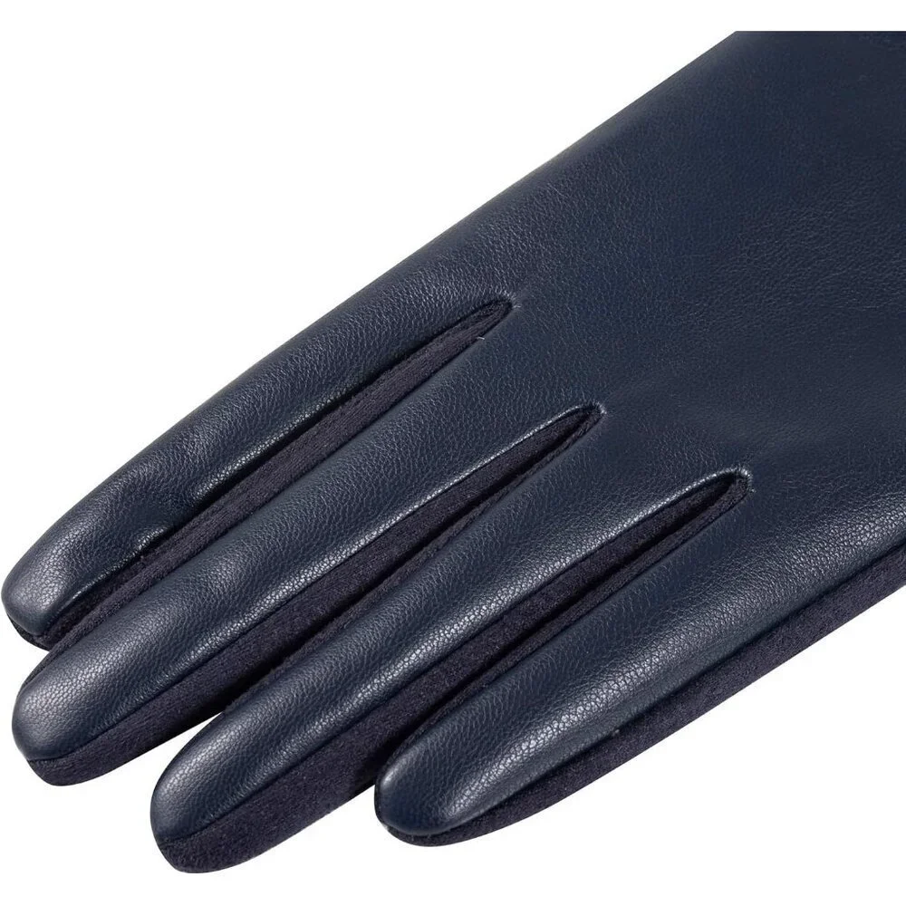 Women's Blue Winter Leather Suede Gloves Wool Lined Windproof Touchscreen